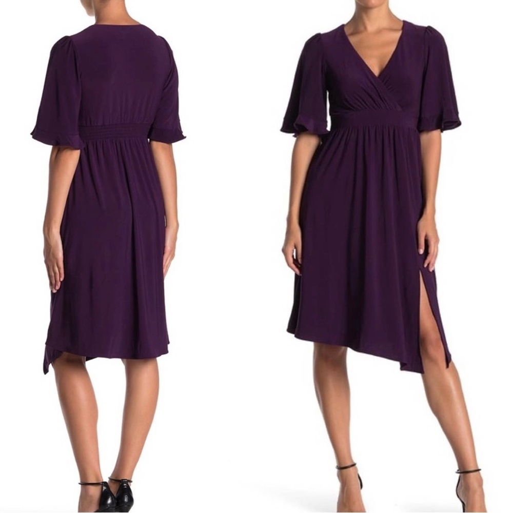 Eliza J Purple Asymmetrical Hem Surplice Dress